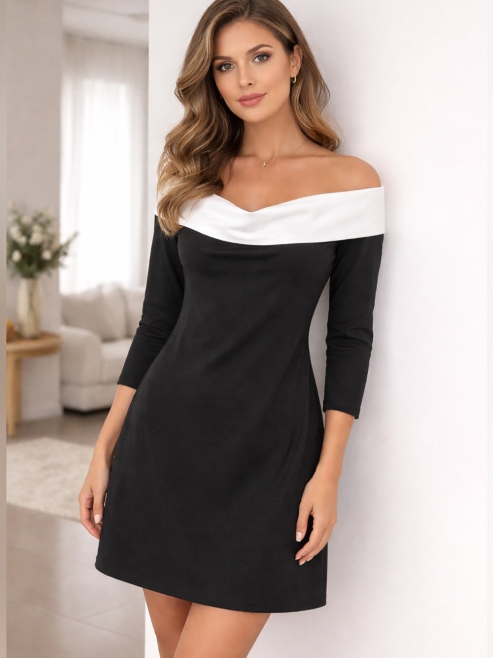 Commense Black Dress with White Off Shoulder Cowl Collar